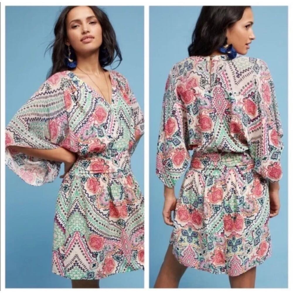 Anthropologie Maeve Siya Kimono Dress Multicolor Floral Design Size US 8